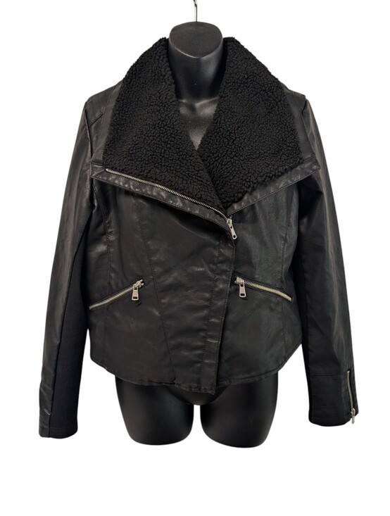 Baccini Jackets & Blazers - Baccini Black Faux Leather Sherpa Collar Moto Jacket Asymmetrical Zip Size M